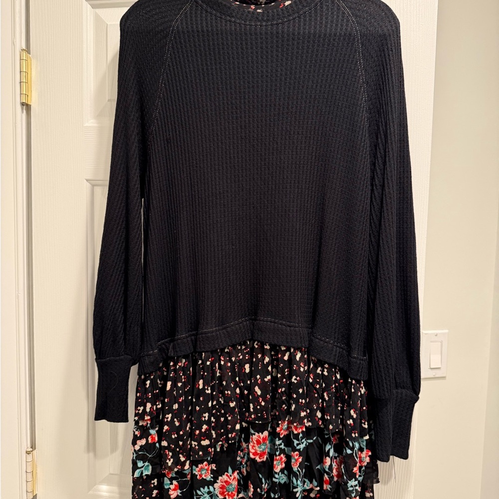Free People Black and Pink Raglan Long Sleeve Dress with Turtleneck floral detai